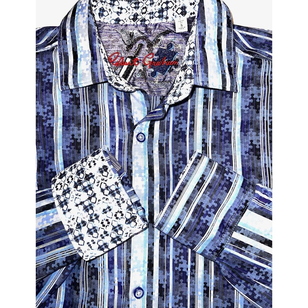 ROBERT GRAHAM RYAN BLUE TAN WHITE BLACK PUZZLE PIECE & STRIPE L/S SHIRT SZ S